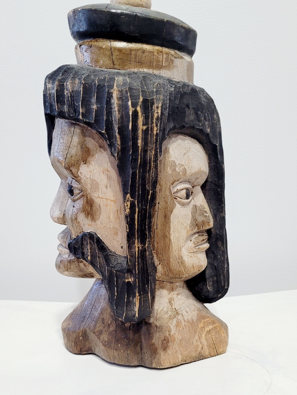 Hand Carved Wooden 3 Face Bust Sculpture Signed MKE Folk Art 11”